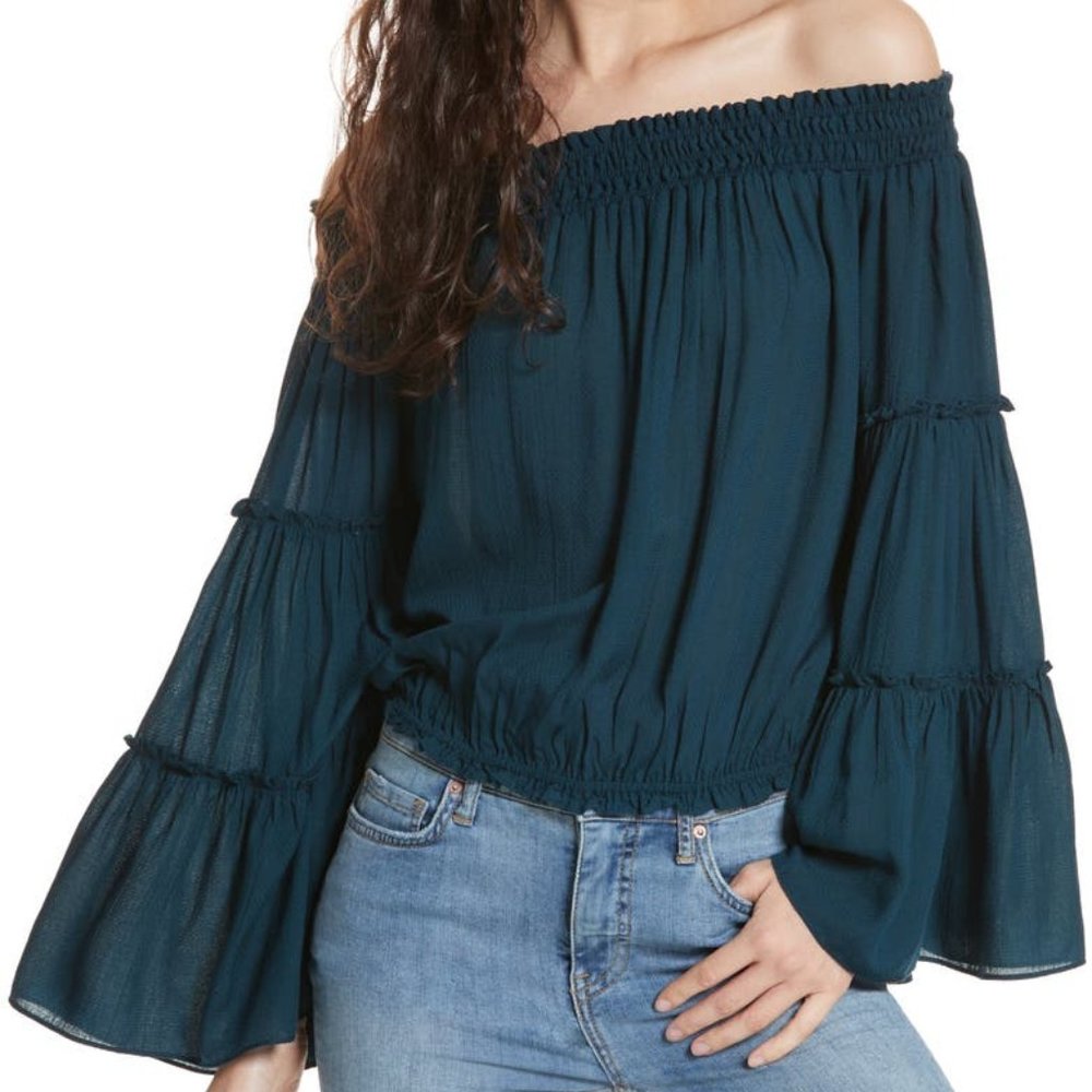 Free People Teal Off-the-Shoulder Peasant Blouse